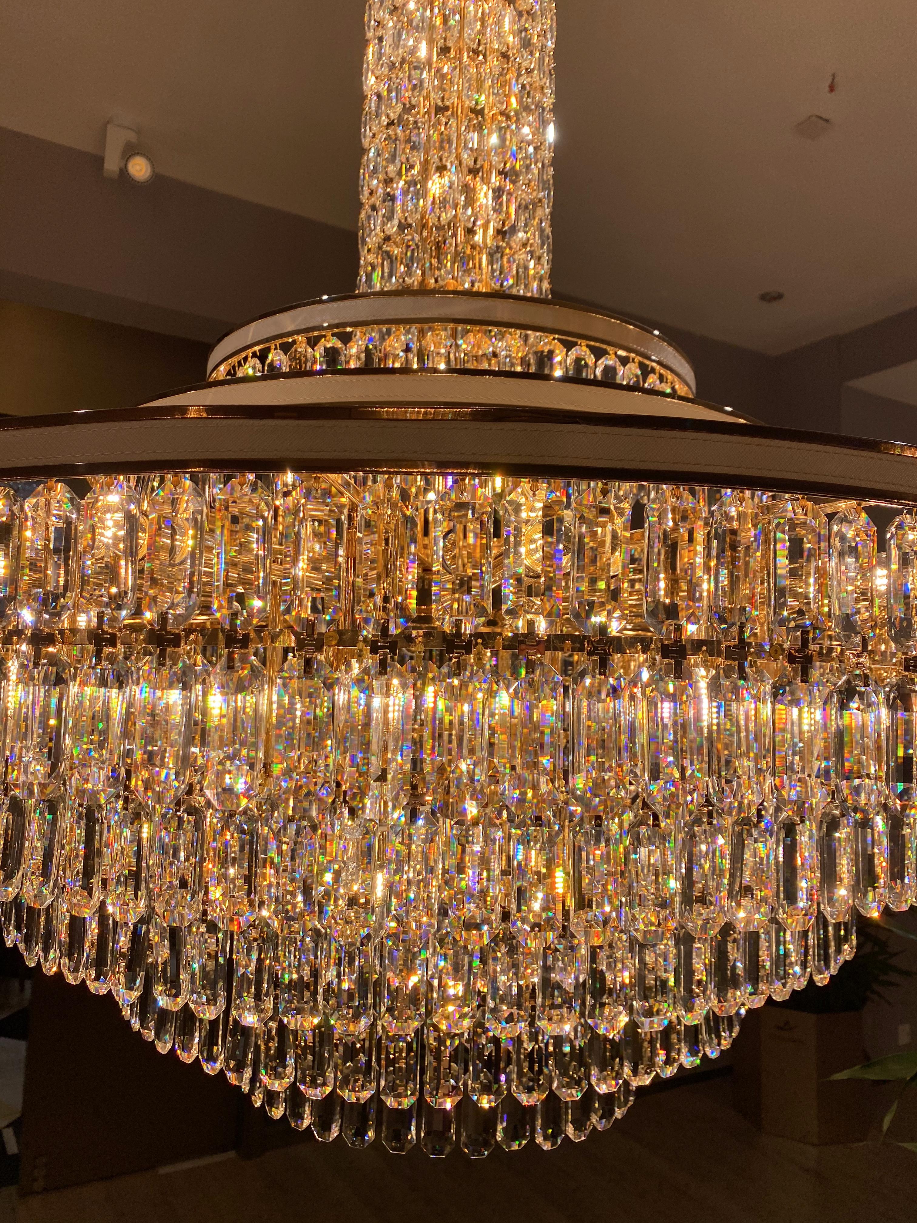 Modern Multi-tier Round Crystal Chandelier with White Leather for Foyer/Living Room/Staircase