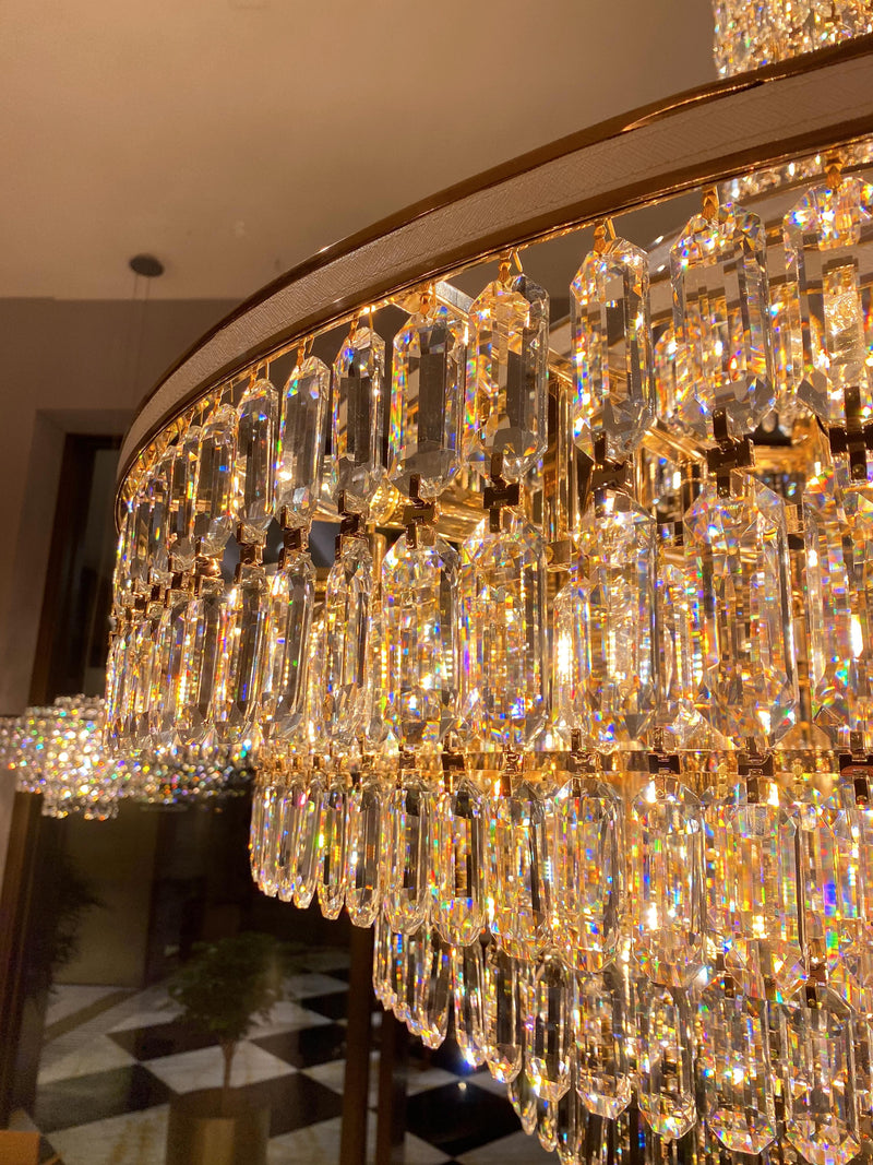 Modern Multi-tier Round Crystal Chandelier with White Leather for Foyer/Living Room/Staircase