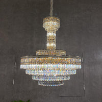 Modern Multi-tier Round Crystal Chandelier with White Leather for Foyer/Living Room/Staircase