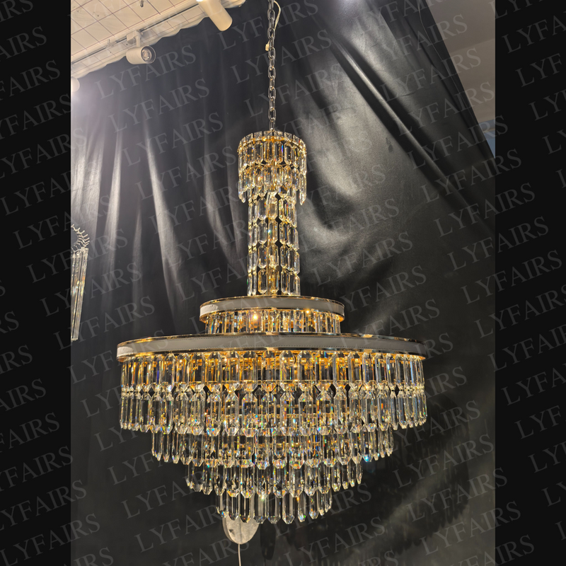 Modern Multi-tier Round Crystal Chandelier with White Leather for Foyer/Living Room/Staircase