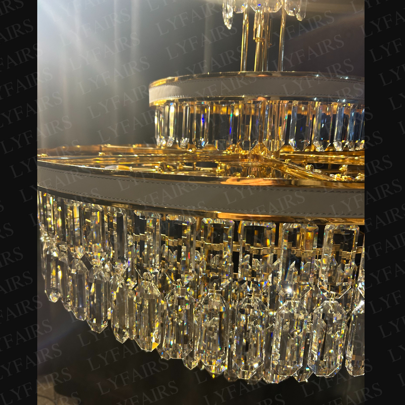 Modern Multi-tier Round Crystal Chandelier with White Leather for Foyer/Living Room/Staircase