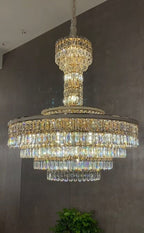 Modern Multi-tier Round Crystal Chandelier with White Leather for Foyer/Living Room/Staircase
