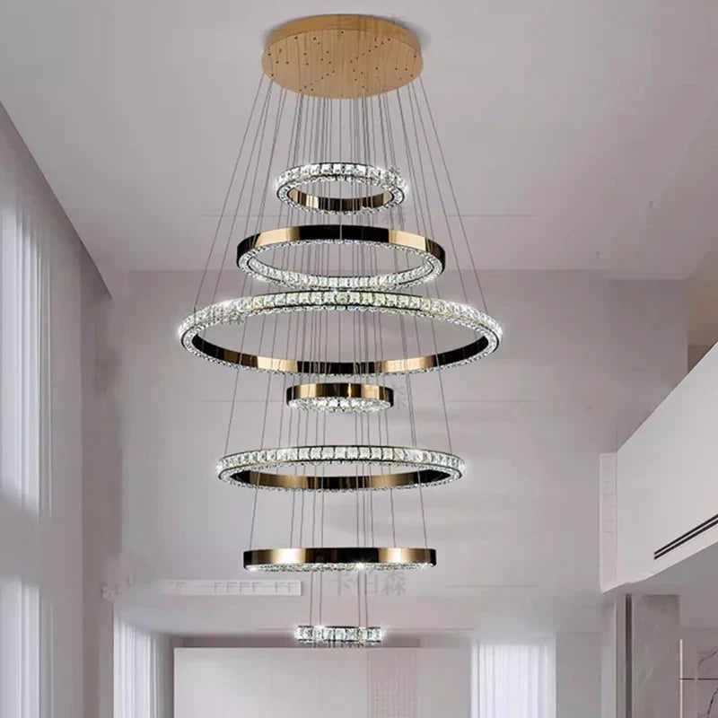 WL Heliora Modern Crystal Ring Staircase Chandelier – Luxury Home Decoration Pendant Light