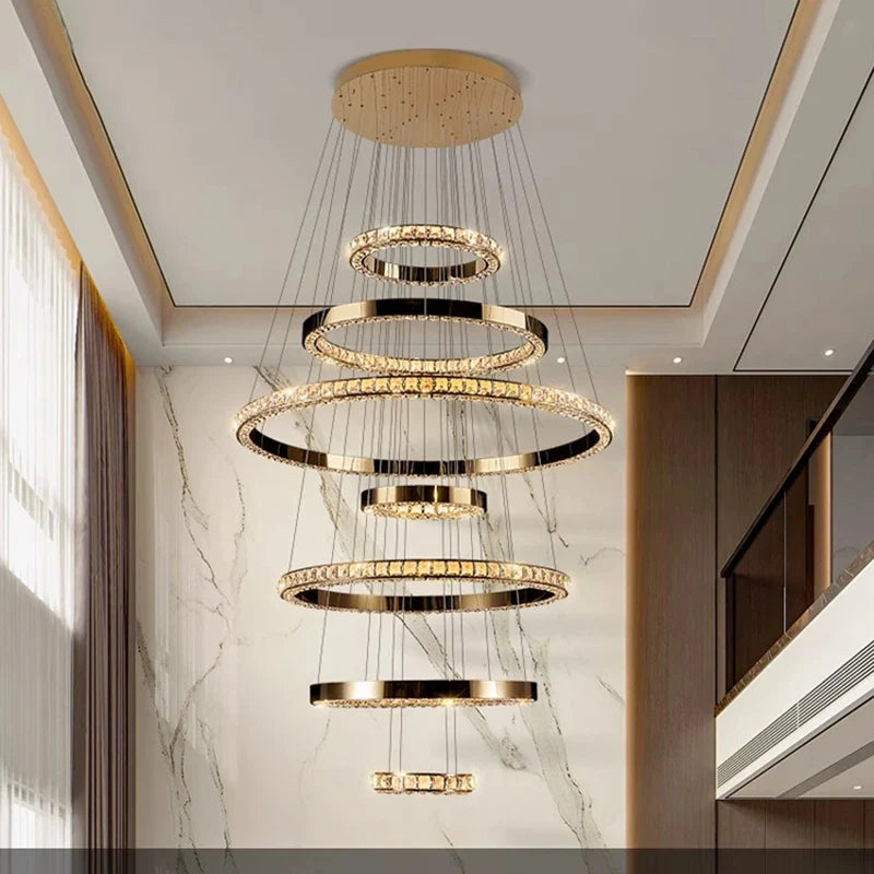 WL Heliora Modern Crystal Ring Staircase Chandelier – Luxury Home Decoration Pendant Light