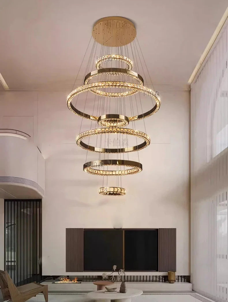 WL Heliora Modern Crystal Ring Staircase Chandelier – Luxury Home Decoration Pendant Light