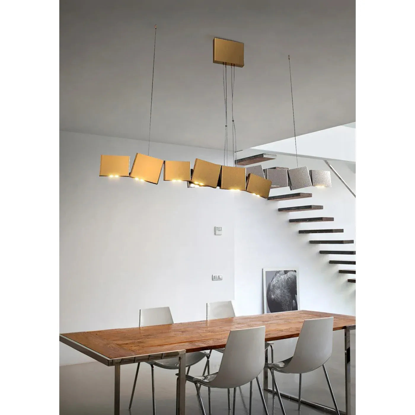 Long Italian Gold/Wood Grain Stainless Steel Pendant Light, Industrial Modern Stylish Room Decor Pendant Lamp 2025
