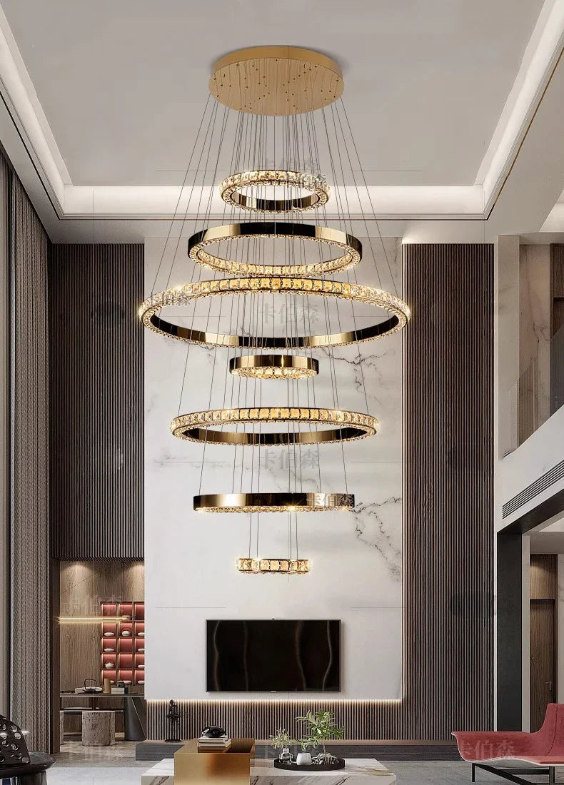 WL Heliora Modern Crystal Ring Staircase Chandelier – Luxury Home Decoration Pendant Light