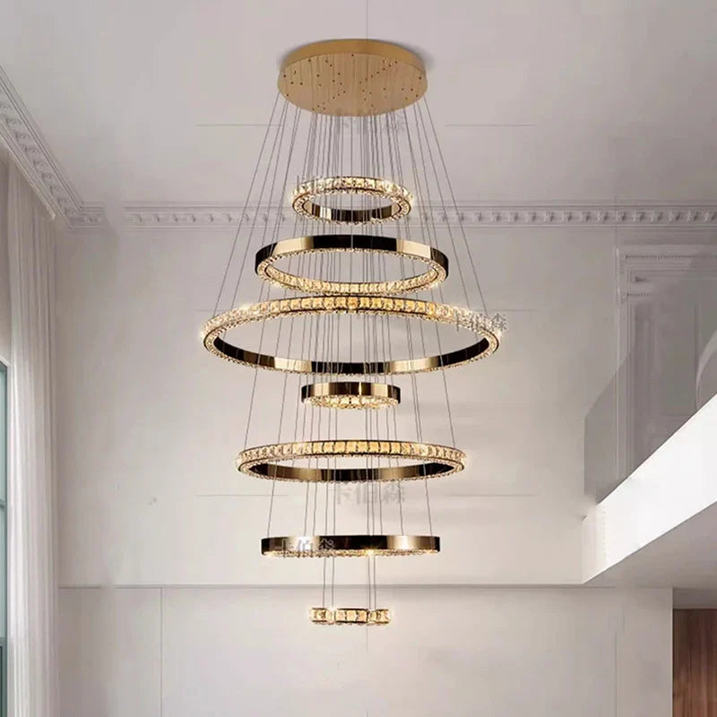 WL Heliora Modern Crystal Ring Staircase Chandelier – Luxury Home Decoration Pendant Light