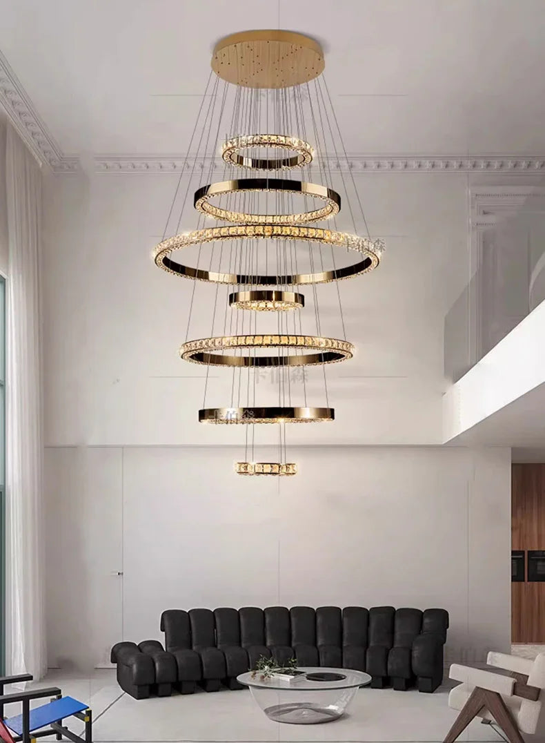 WL Heliora Modern Crystal Ring Staircase Chandelier – Luxury Home Decoration Pendant Light