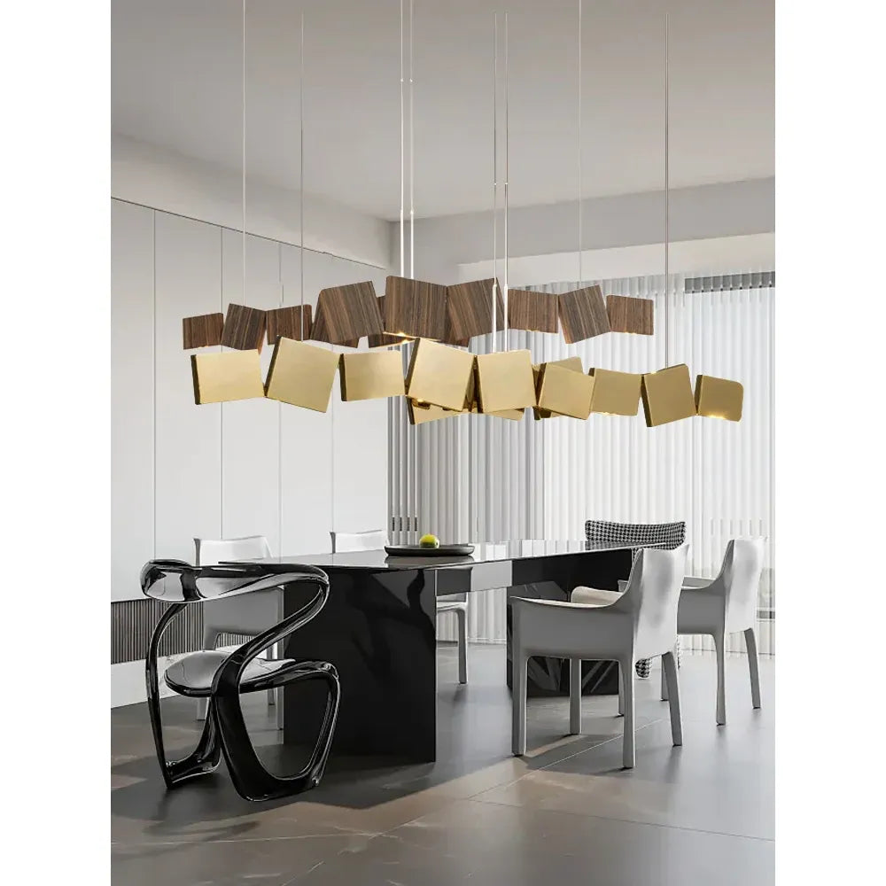 Long Italian Gold/Wood Grain Stainless Steel Pendant Light, Industrial Modern Stylish Room Decor Pendant Lamp 2025