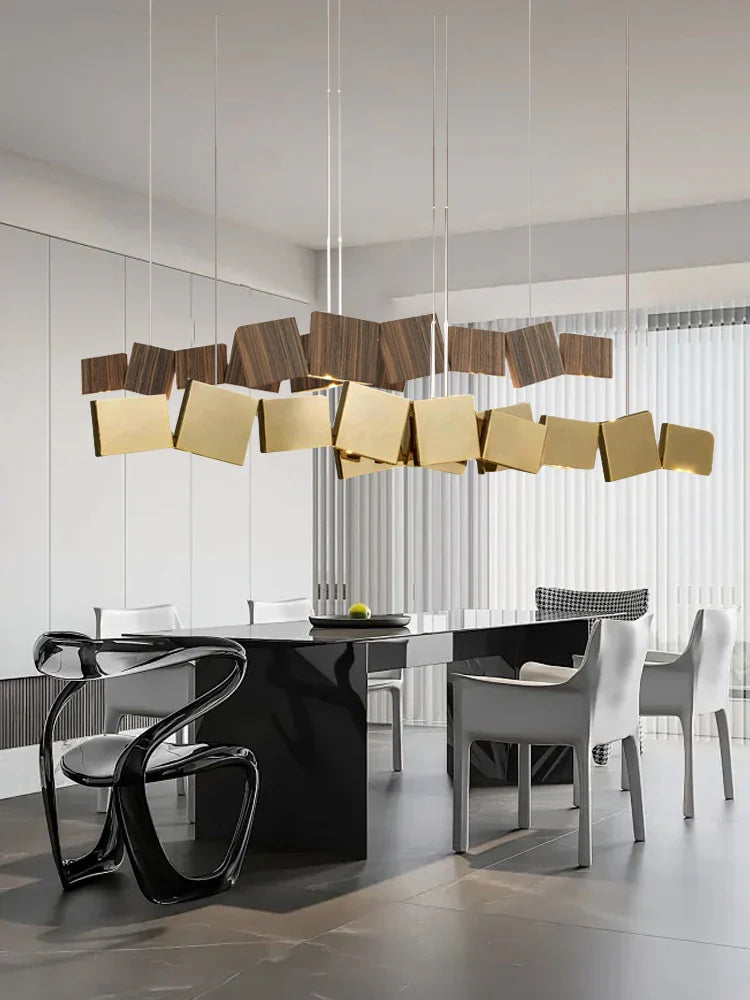 Long Italian Gold/Wood Grain Stainless Steel Pendant Light, Industrial Modern Stylish Room Decor Pendant Lamp 2025