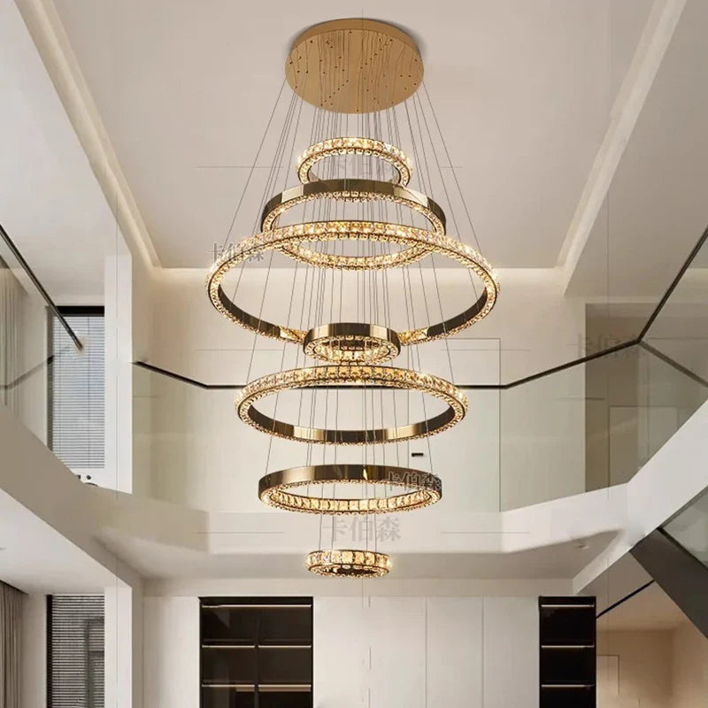 WL Heliora Modern Crystal Ring Staircase Chandelier – Luxury Home Decoration Pendant Light