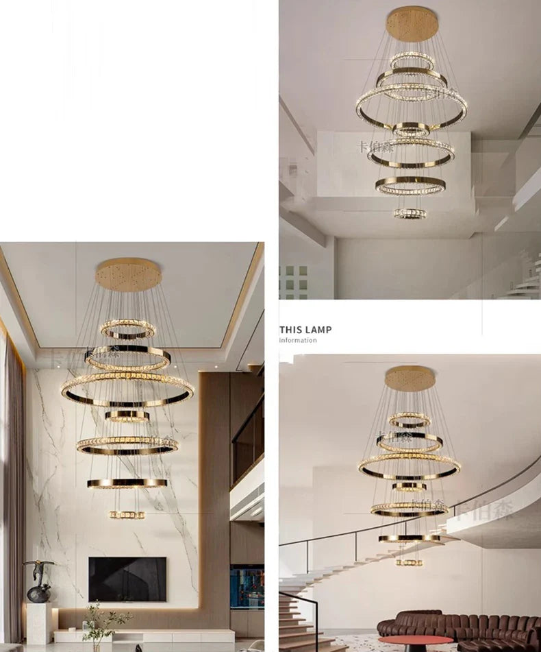 WL Heliora Modern Crystal Ring Staircase Chandelier – Luxury Home Decoration Pendant Light