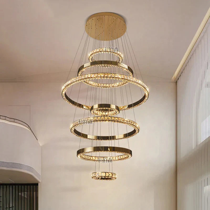 WL Heliora Modern Crystal Ring Staircase Chandelier – Luxury Home Decoration Pendant Light