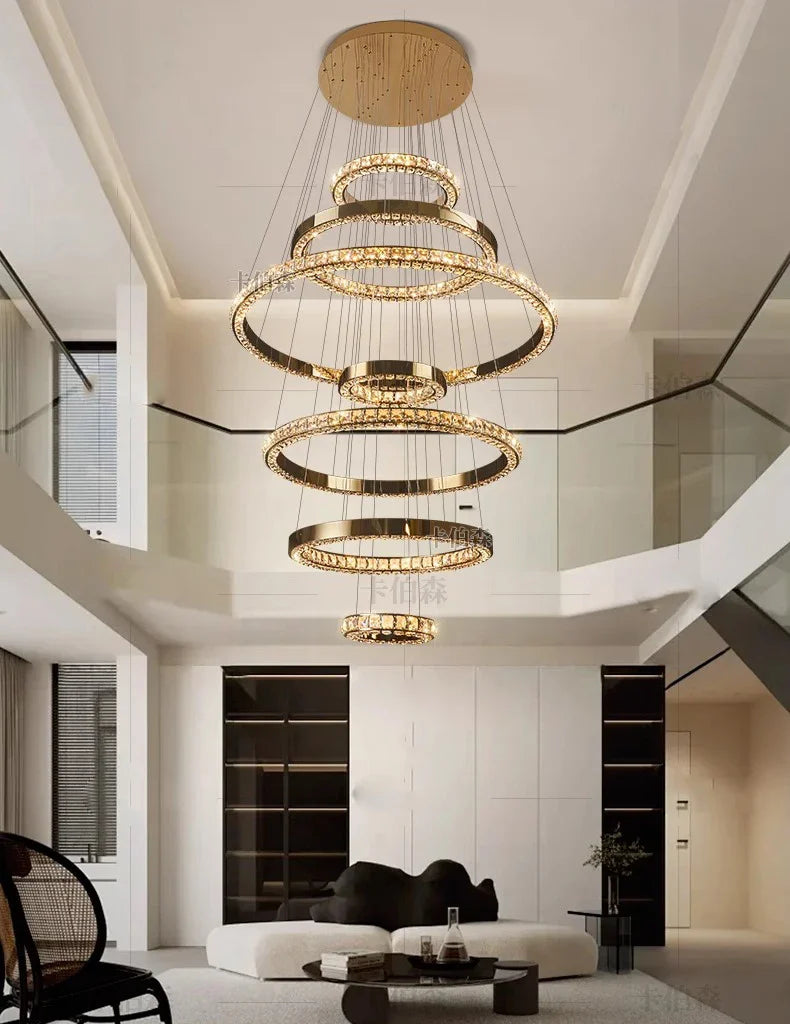 WL Heliora Modern Crystal Ring Staircase Chandelier – Luxury Home Decoration Pendant Light