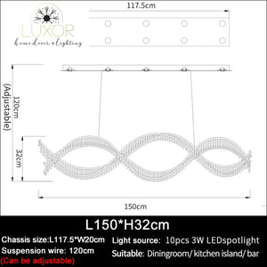 DeCapri Wave Crystal Chandelier - L150xH32cm / Chrome chandelier / Dimmable warm light - chandelier