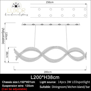 DeCapri Wave Crystal Chandelier - L200xH38cm / Chrome chandelier / Dimmable warm light - chandelier