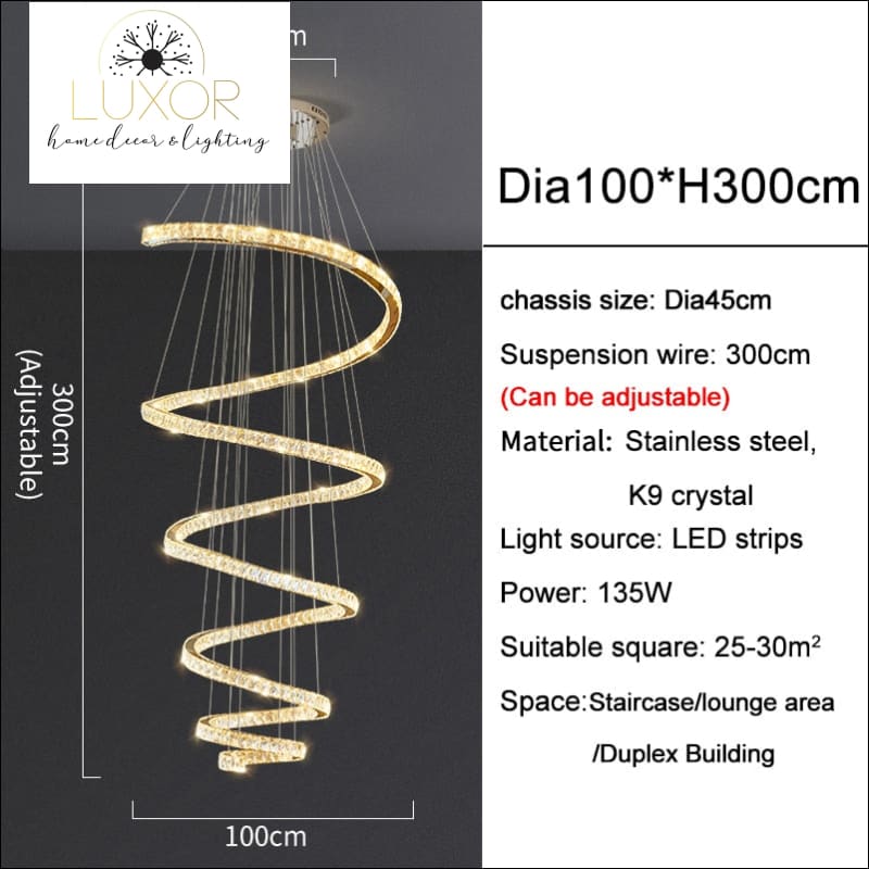 Yailine Crystal Chandelier - Dia100cmxH300cm / Gold / Dimmable warm light - Chandeliers